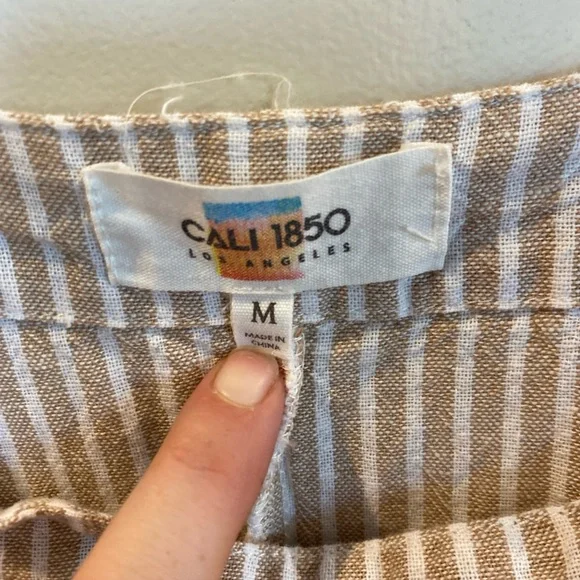 Cali 1850 Women Dress Large Beige White Stripe Overall Linen Blend Pockets Mini - Picture 3 of 5